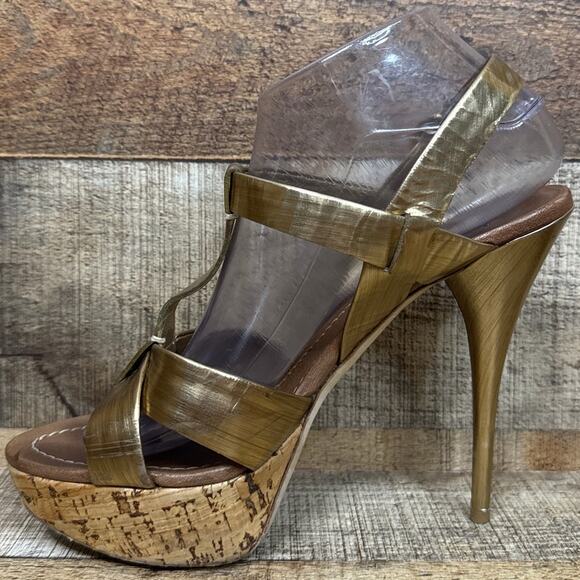 Miu Miu Gold Strappy Stiletto Open Toe Heels Cork Sole Size 39.5 9.5 - Picture 6 of 14